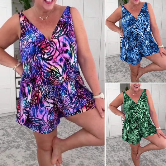 🌸 Strój kąpielowy bez rękawów z nadrukiem na dekolcie V