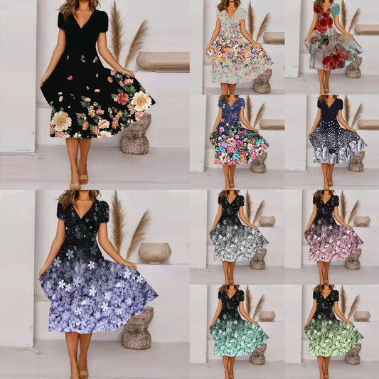 【S-4XL】🌺 Damska zwiewna sukienka z nadrukiem z dekoltem w szpic