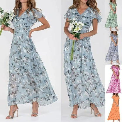 🔥👗Eleganckie szyfonowe sukienki z krótkim rękawem w kwiaty