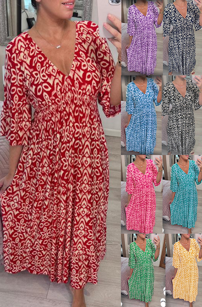 🔥 Wyprzedaż 🧡 Boho Casual Sukienka z Długim Rękawem i Dekoltem w Serek