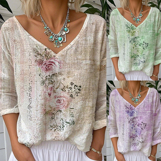 🔥👚Luźna bluzka damska z dekoltem w serek i kwiatowym nadrukiem