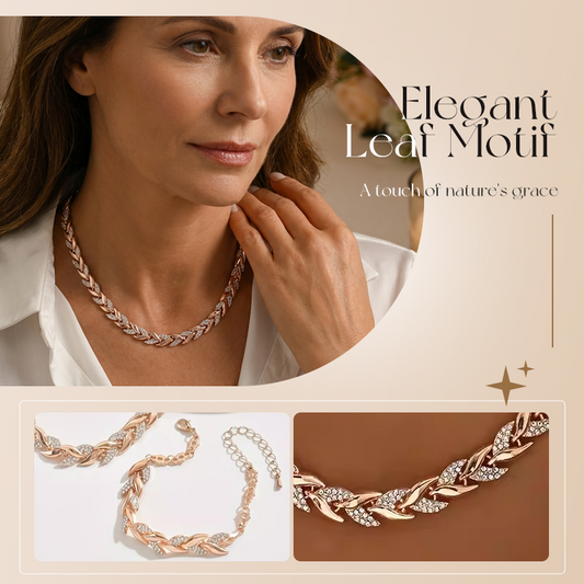 🌿✨ Zestaw naszyjnik + bransoletka – Liść design, błyszczące kamienie, elegancki & uniwersalny | Prezent na urodziny, ślub & codzienne stylizacje 💎🎁