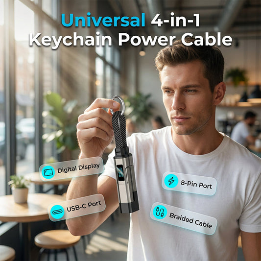 Uniwersalny kabel 4 w 1 z wieloma złączami – ładuj i synchronizuj wszystkie urządzenia bez noszenia wielu kabli – Kabel zasilający 4 w 1 na breloku – Na pobranie! 🔌