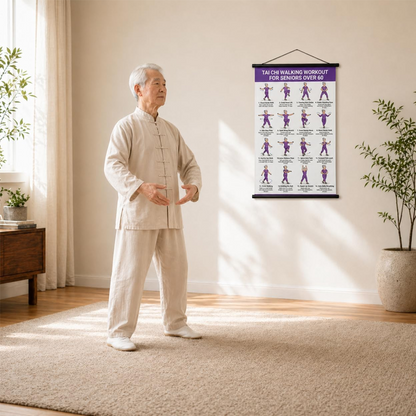 CZY TO CI PRZESZKADZA? Twoi starsi rodzice nie wiedzą, jak bezpiecznie ćwiczyć w domu? – plakat do ćwiczeń tai chi z 16 ilustracjami – wypróbuj prosty przewodnik krok po kroku dla seniorów. Na pobranie! 🧓
