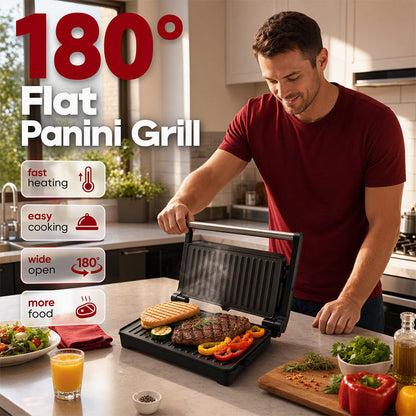 Męczy Cię długie czekanie, aż patelnia się nagrzeje? – opiekacz do panini otwierany do 180° – wypróbuj szybkie nagrzewanie i gotowanie bez zbędnego czekania. Na pobranie! 🥪