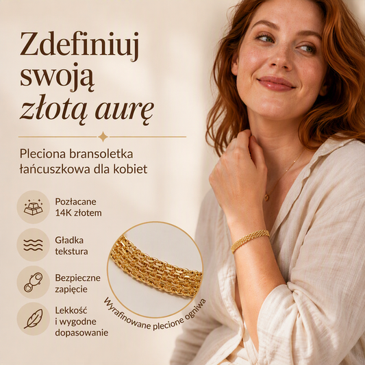 Twój nadgarstek wygląda pusto i brakuje mu blasku? – szeroka pleciona bransoletka pokryta 14-karatowym złotem – złoty połysk, który podnosi każdą stylizację. Na pobranie! ✨