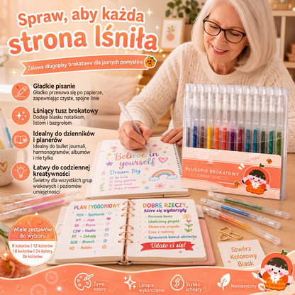 Chcesz błyszczącego efektu na kartkach i w dzienniku? – zestaw brokatowych długopisów – widoczne na jasnym i ciemnym papierze, idealne do DIY. Na pobranie! 🎨