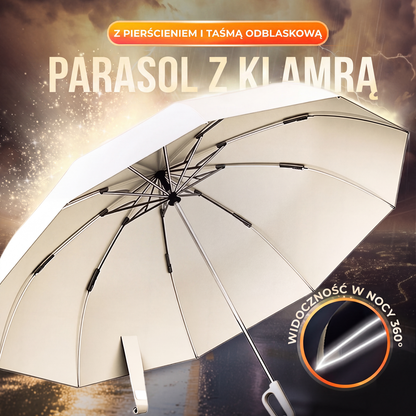Zwiększa widoczność po zmroku dzięki odblaskowemu paskowi – bezpieczne spacery w deszczowe wieczory i nocne powroty do domu – Parasol nocny z odblaskiem – Na pobranie! 🌂