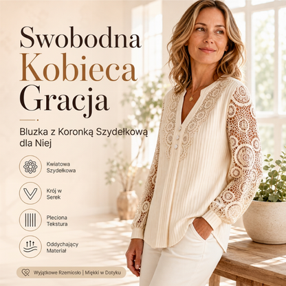 👚 Damska bluzka z długim rękawem – Łączona koronką, dekolt w szpic ✨