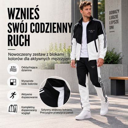 🧥 Męski zestaw z bluzą zapinaną na zamek błyskawiczny i kontrastowymi detalami oraz spodniami wiązanymi sznurkiem ✨