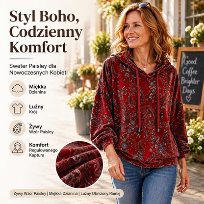 🌸 Damska bluza z kapturem – Wzór paisley, ze ściągaczem, modna 📦