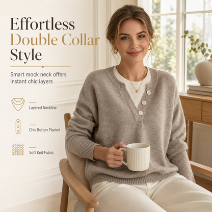 👚 Sweter z okrągłym dekoltem – Dzianinowy, guziki, duetowy krój ⚡