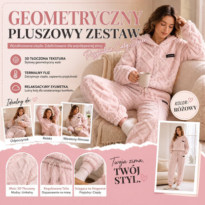 🍂 Pluszowy komplet z geometrycznym reliefem – Ponadczasowy komfort, łatwy styl ✨