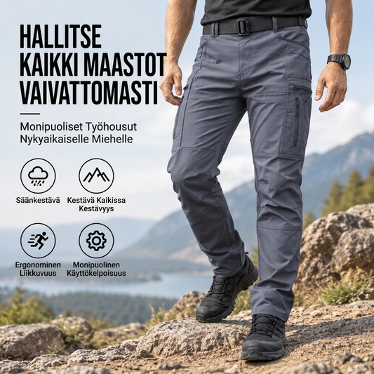Miesten ulkoiluun sopivat hoikkaan malliin tehdyt taktiset housut