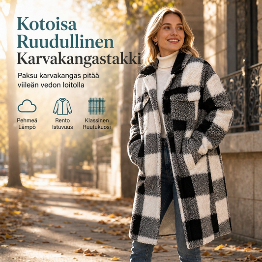 Naisten löysä plyyskinen ruudullinen pitkä takki, napitetavalla kauluksella, syksyyn ja talveen